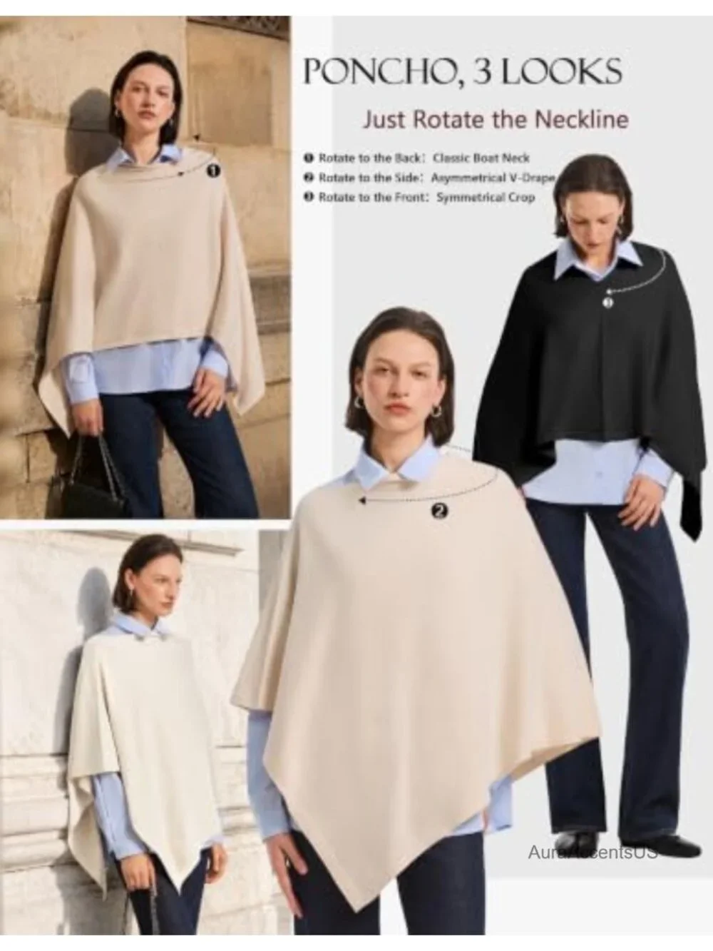 Women's Poncho Sweater Versatile Shawl Wrap Travel Pullover Viscose Blend